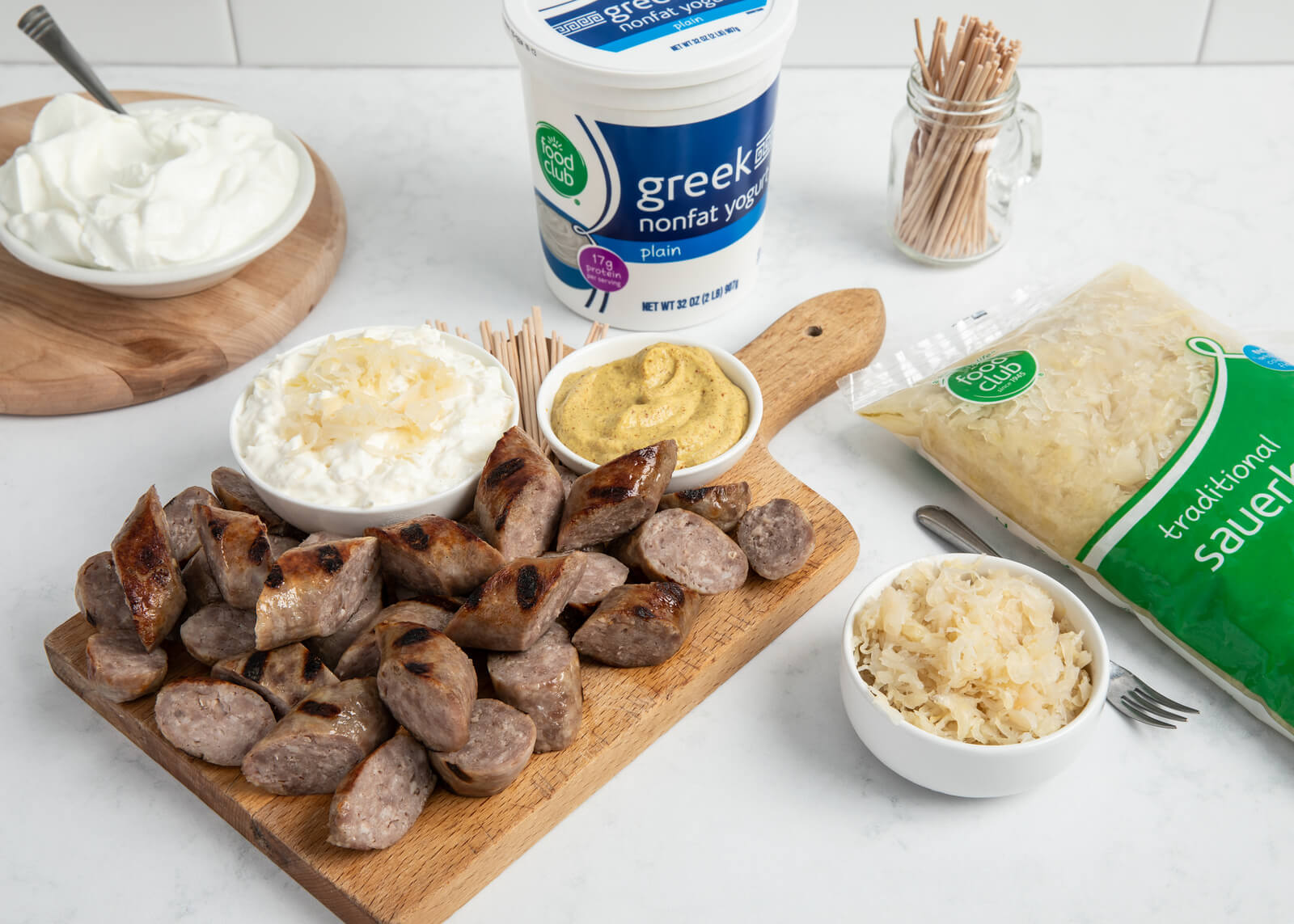 Grilled Bratwurst Bites and Sauerkraut Dip