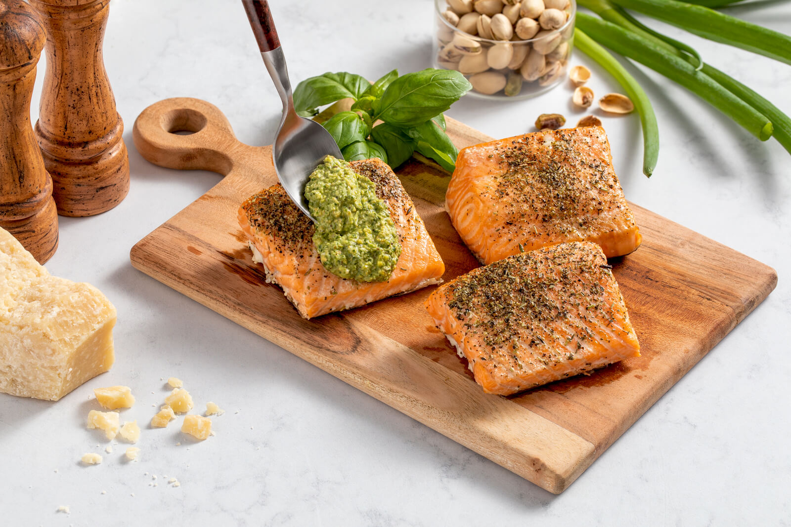 Slow-Roasted Salmon With Pistachio Basil Pesto