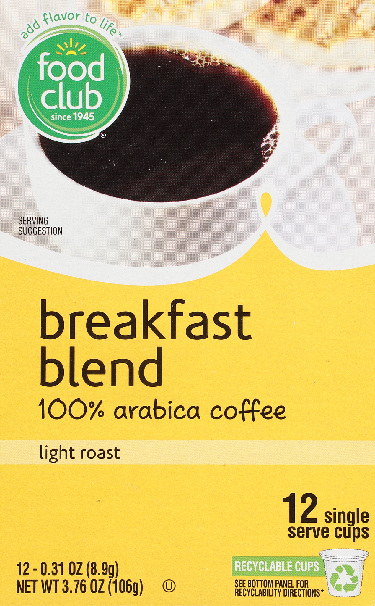 Single Serve Cups Light Roast 100% Arabica Breakfast Blend Coffee